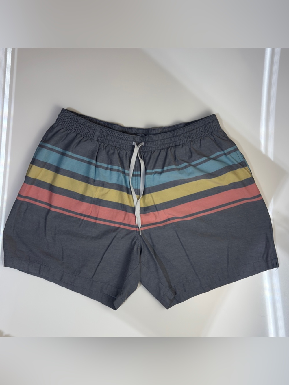 Chubbies Men's Charcoal Swim Trunks with Blue, Yellow & Coral Stripes XXL
